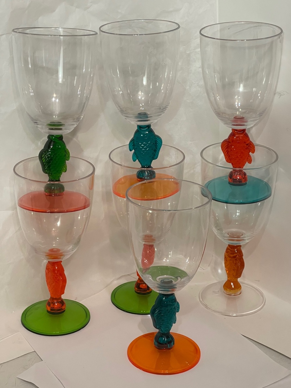 Vintage 7 Novelty Acrylic Goblets Retired Colorful Fish Stemmed Wine Glasses